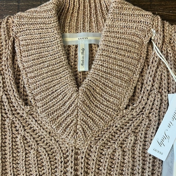 GUESS Dirty Lurex Metallic Cut-Out Neck Sweater Gold Shimmer Size Medium NWT - Picture 7 of 12